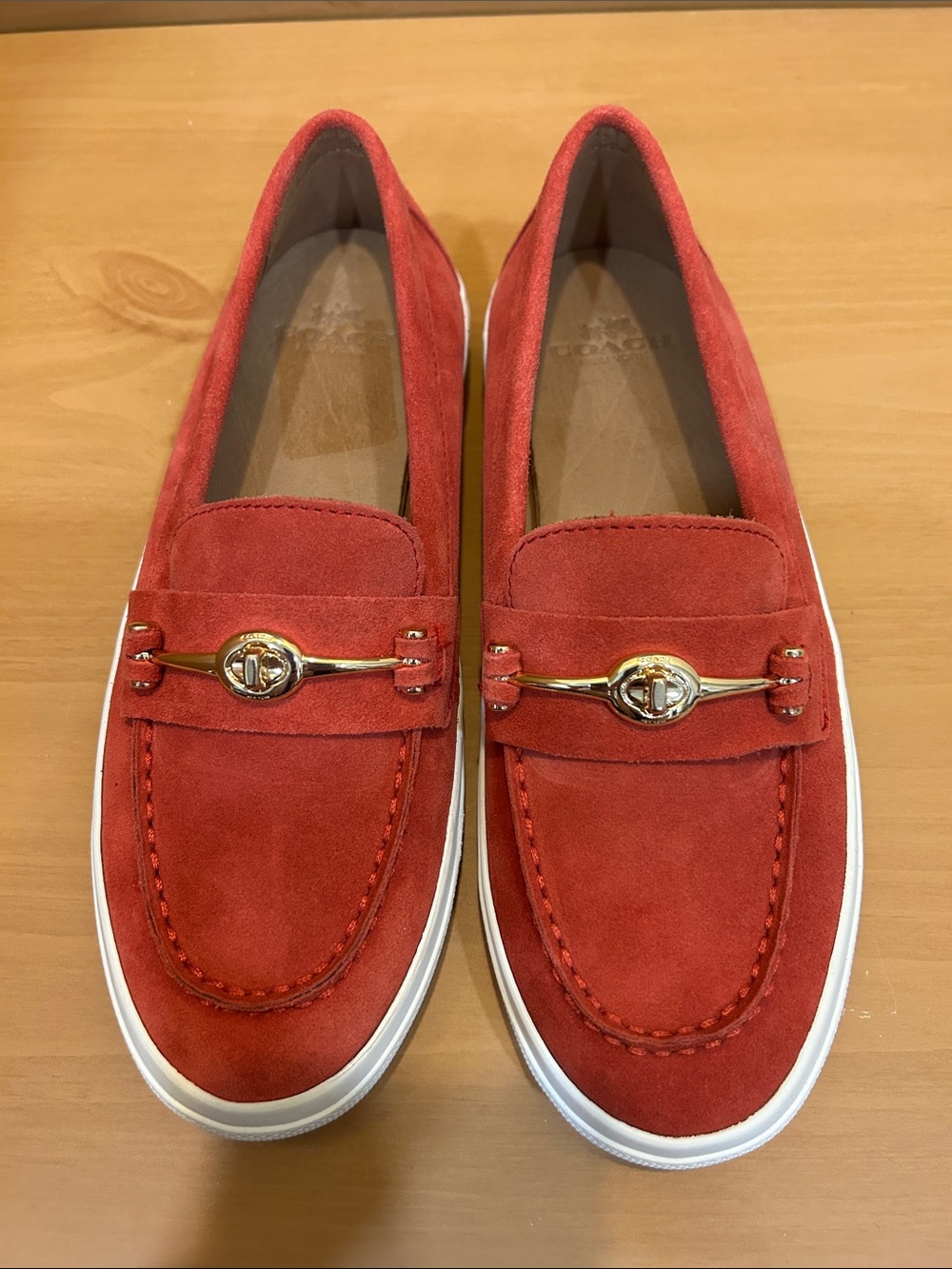 Coach Red Suede Slip-On Loafers with Gold Accent